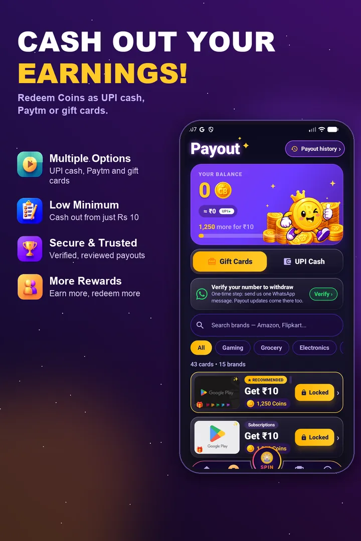 CashBoo Payout screen showing the Coin balance with UPI Cash and Gift Cards options