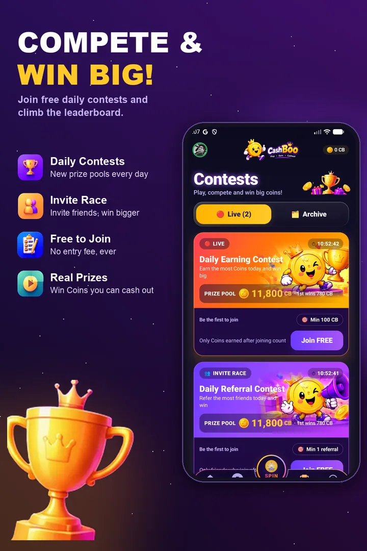 CashBoo Contests screen with the Daily Earning Contest and the Daily Referral Contest