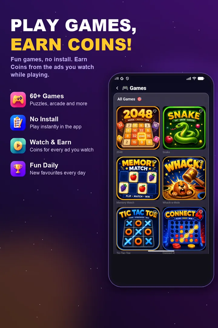 CashBoo Games Hub with free games including 2048, Snake, Whack and Tic Tac Toe