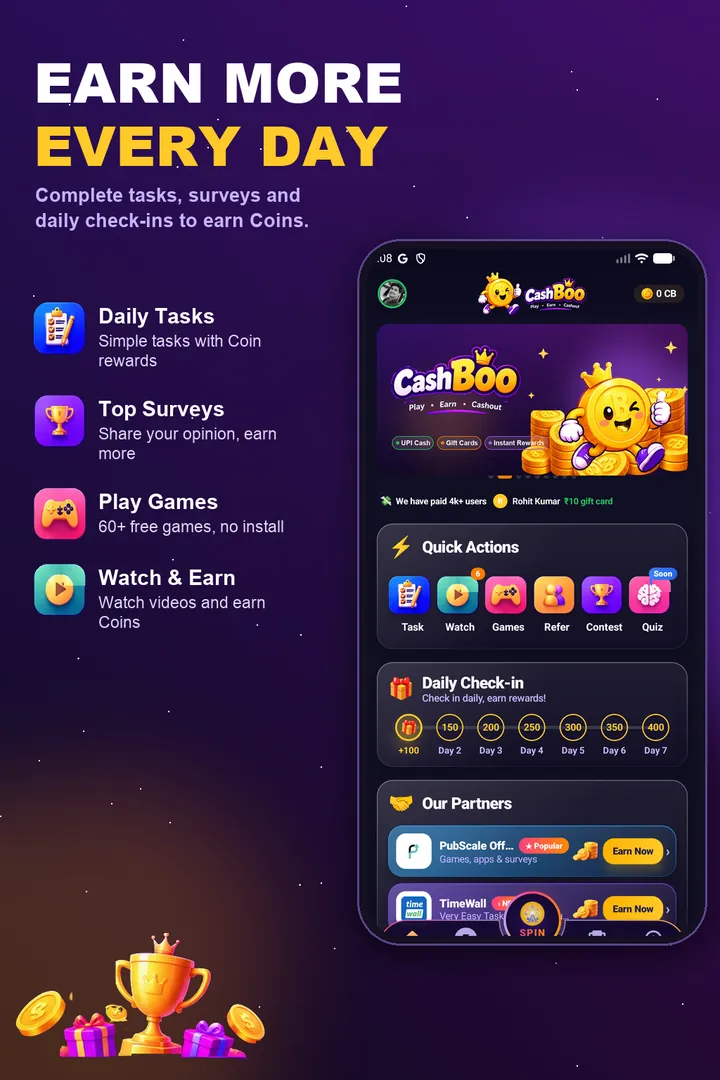 CashBoo home screen with Quick Actions for Tasks, Games, Refer and Contests, and the Daily Check-in row