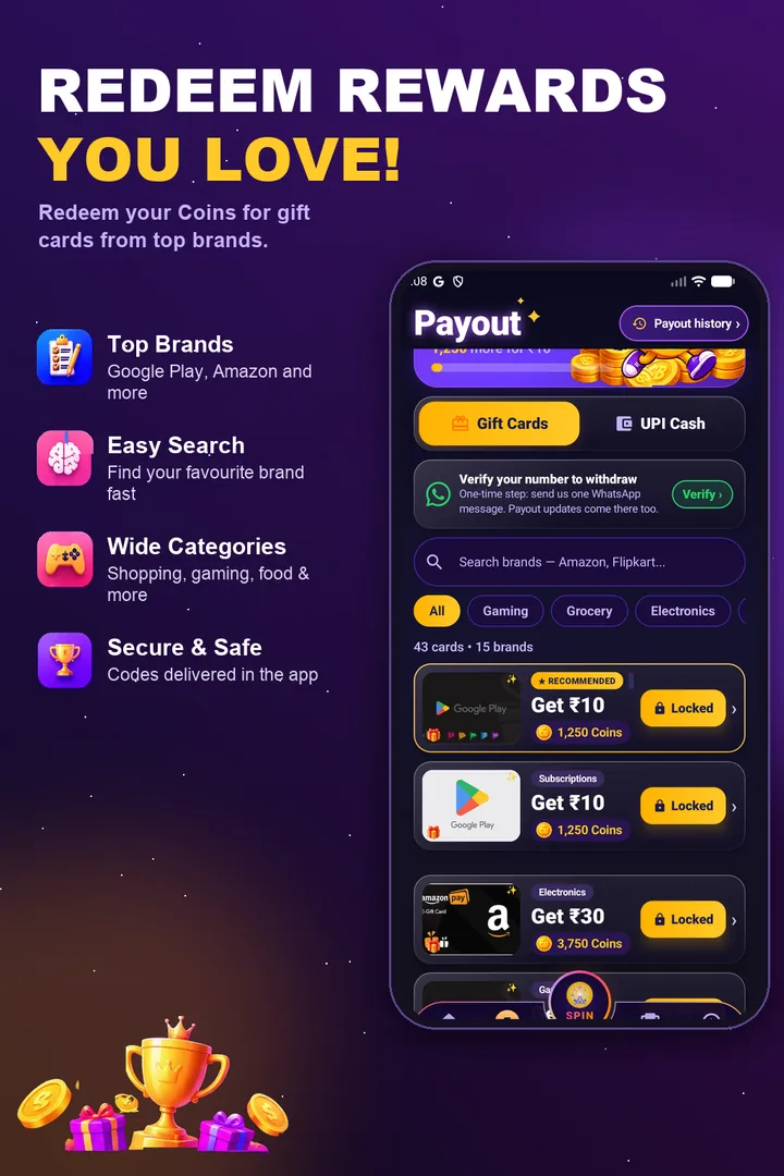CashBoo gift card catalogue with Google Play and Amazon cards and the Coins each one costs